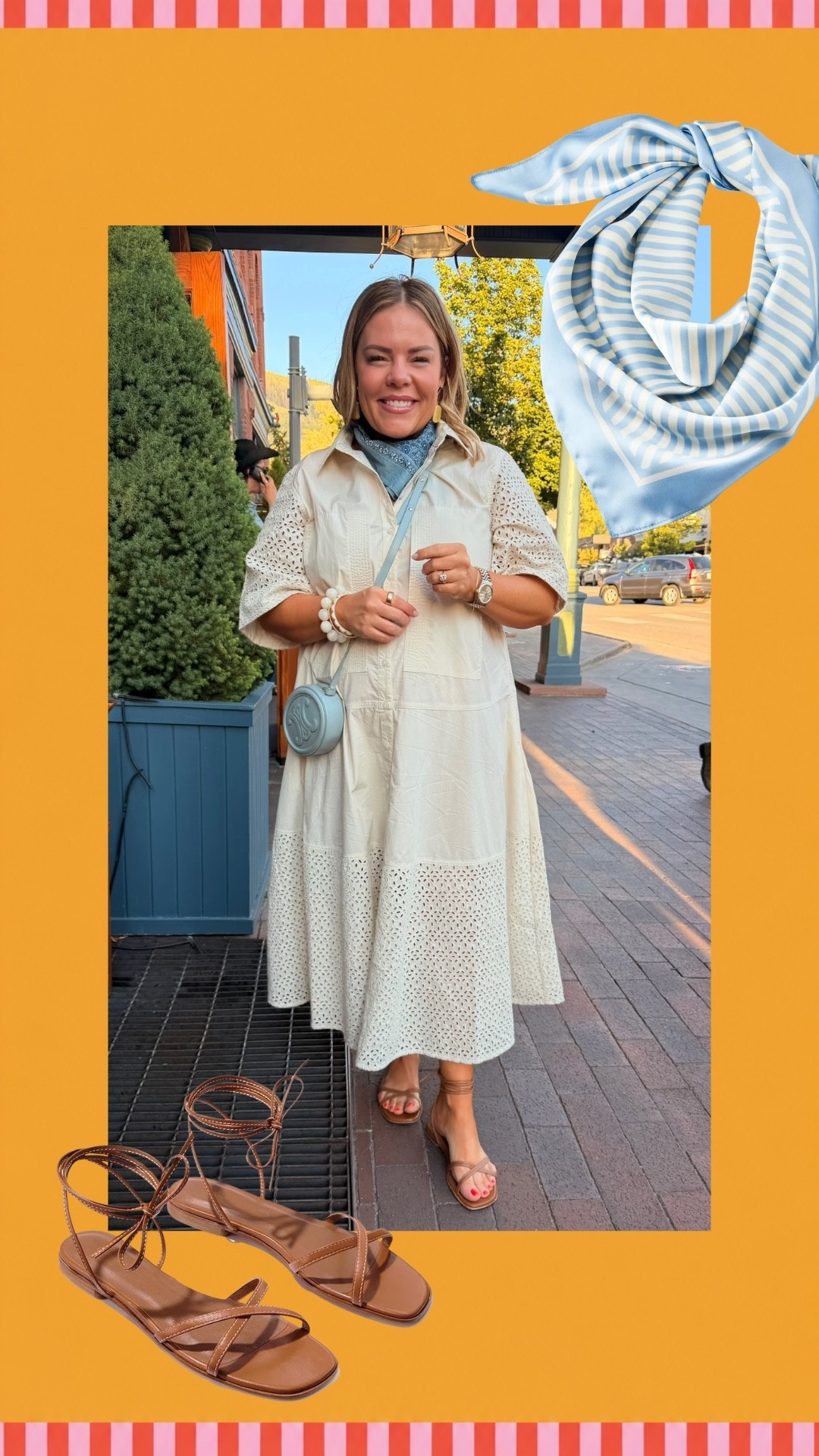 The prettiest vacation dinner look! The scarf adds the perfect pop of blue, and I love it paired with simple brown sandals.

#LTKdayinmylife #LTKmomlife #LTKgrwm