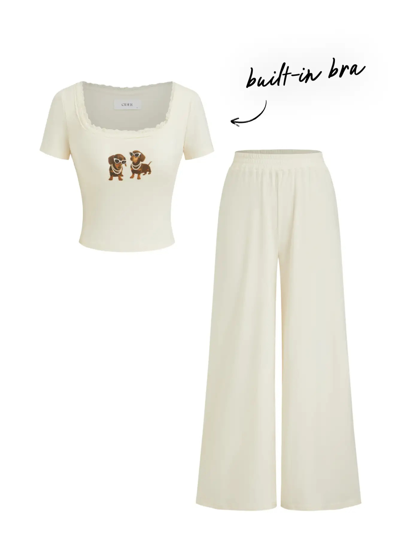 Knit Fabric Built-in Bra Square Neck Dog Graphic Lace Trim Top & Mid Rise Trousers Loungewear Set... | Cider