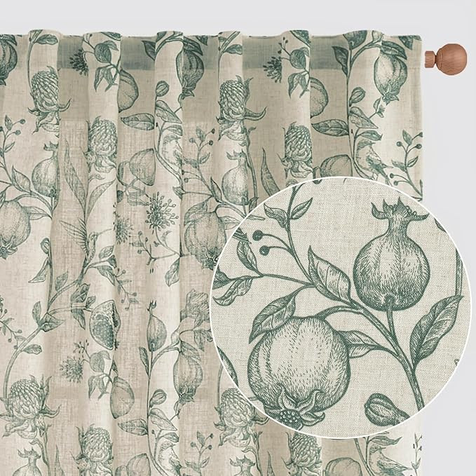 jinchan Linen Curtains Floral Curtain for Living Room 96 Inch Long Dark Green French Back Tab Lig... | Amazon (US)