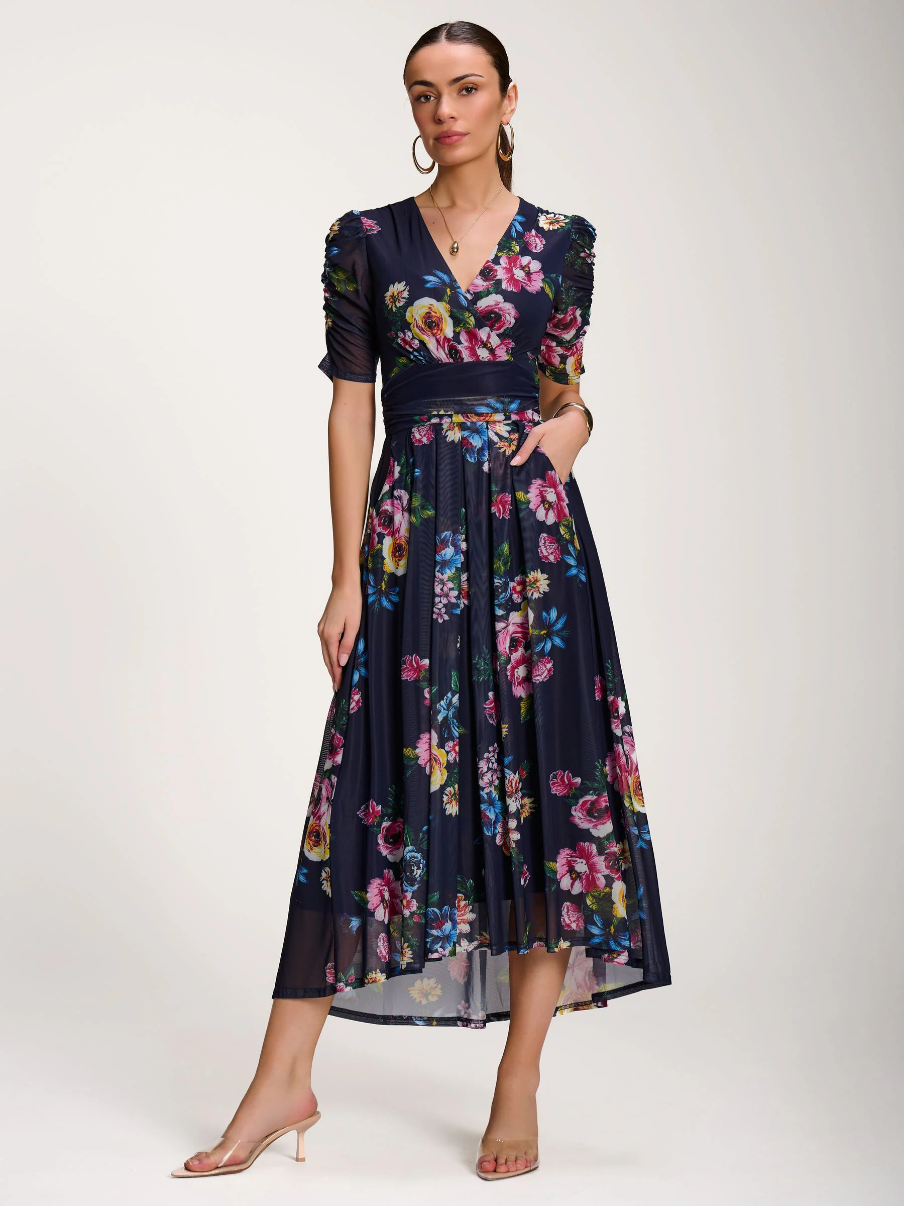 Jolie Moi Jolie Moi Dark Blue Floral Print Mesh Maxi Dress | Next US