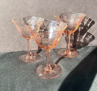 Vintage Pink Depression Glass Etched Champagne Coupe stemmed glasses 5” set/3  | eBay | eBay US