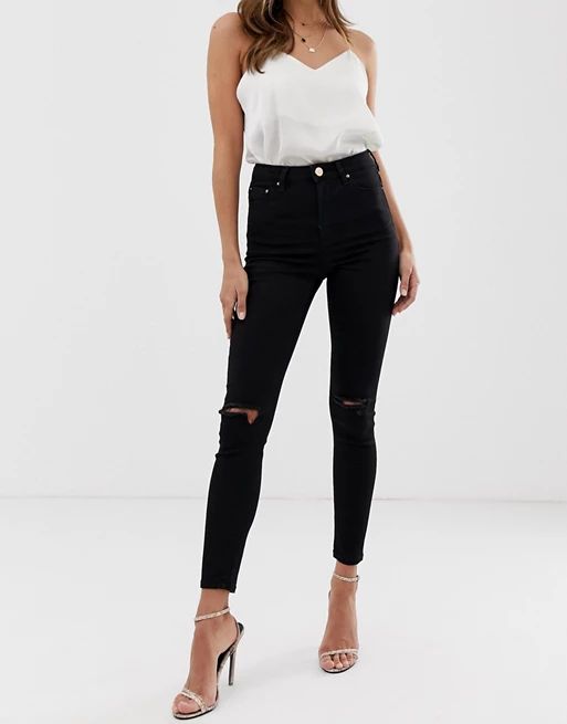 ASOS DESIGN high rise ridley 'skinny' jeans in clean black with ripped knees | ASOS (Global)