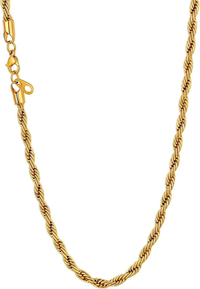 U7 Figaro Chain, Twisted Rope Chain, Men Stainless Steel Necklace,3mm,5mm,6mm,9mm 18K Gold Plated... | Amazon (US)