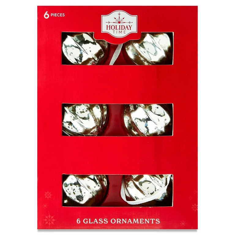 Silver Glass Ball Christmas Ornaments, 3", 6 Count, by Holiday Time | Walmart (US)