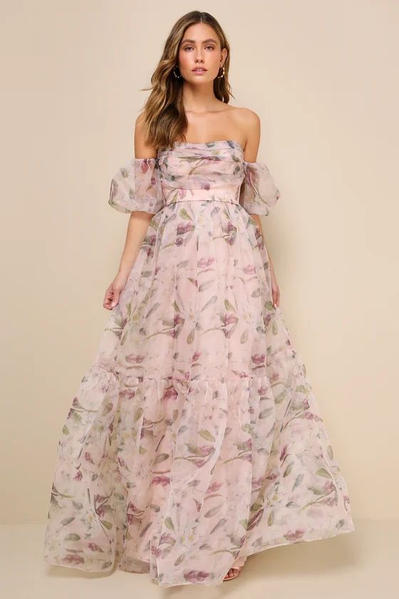 Blissful Glamour Blush Floral Tiered Off-the-Shoulder Maxi Dress | Lulus