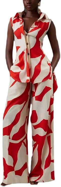 THLAI Womens Elegant Two Piece Red Abstract Print Sleeveless Button Down Top & Wide Leg Pants Set... | Amazon (US)