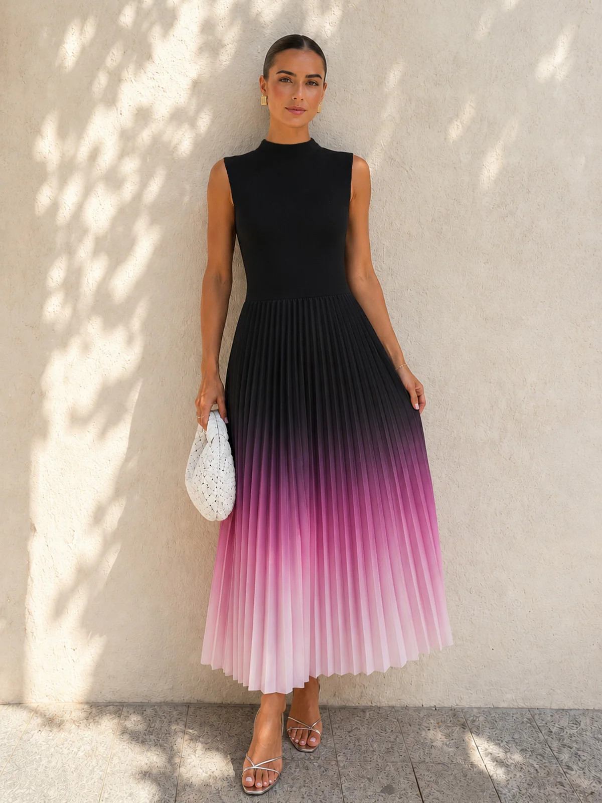 Sleeveless Pleated Gradient Midi Dress | Commense