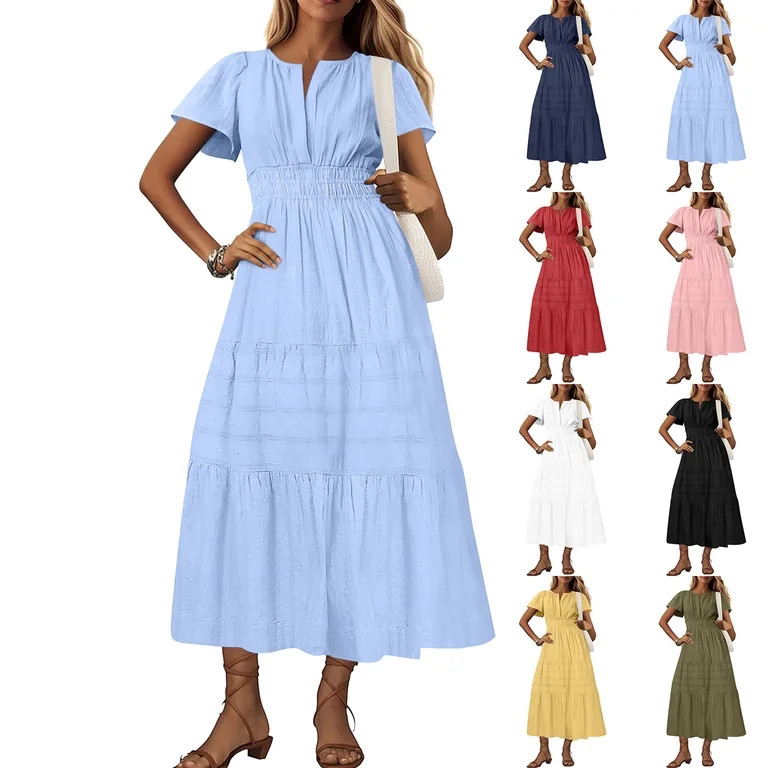 Summer Fashion Plus Size Spring Dresses for Women 2025 Sexy Solid Short Sleeve V-Neck Pleated Lon... | Walmart (US)