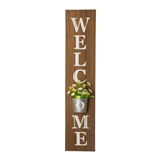 Wooden Welcome Porch Sign with Metal Planter | The Home Depot