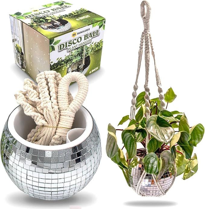 Disco Ball Planter with Macrame Cotton Rope Plant Hanger - 6 Inch - Elegant Mirrored Flower Pot w... | Amazon (US)