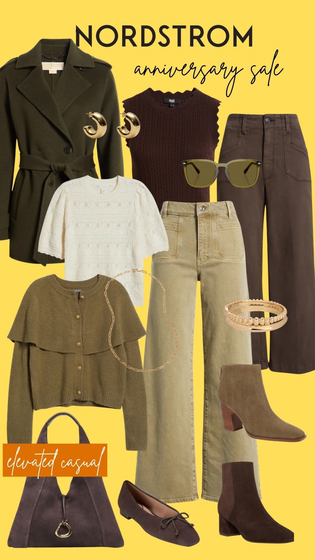 Nordstrom Anniversary Sale for Autumns, fall clothing, workwear, classic style, updated, old money, elevated, Frame wide leg, olive green jeans, brown jeans, ankle jeans, scallop sweater, cape cardigan, lace sweater, short sleeve sweater, capsule, timeless, trench, peacoat, dark olive, suede flats, suede tote, suede booties, olive boots, dark brown boots, bangles, olive sunglasses, huggie earrings hoops, paperclip chain necklace, midsize, casual, mom style, teacher style, business casual, professional


True Autumn, Dark Autumn, Soft Autumn, Warm Autumn, HOC Autumn, House of Colour Autumn, color analysis 

 #LTKSaleAlert #LTKMidsize #LTKWorkwear