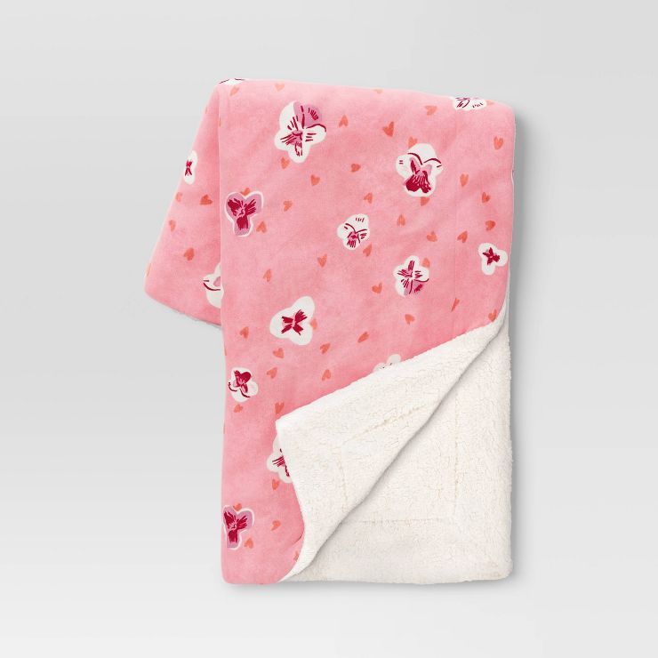 Violet Floral Plush with Faux Shearling Reverse Throw Blanket Pink - Threshold™ | Target