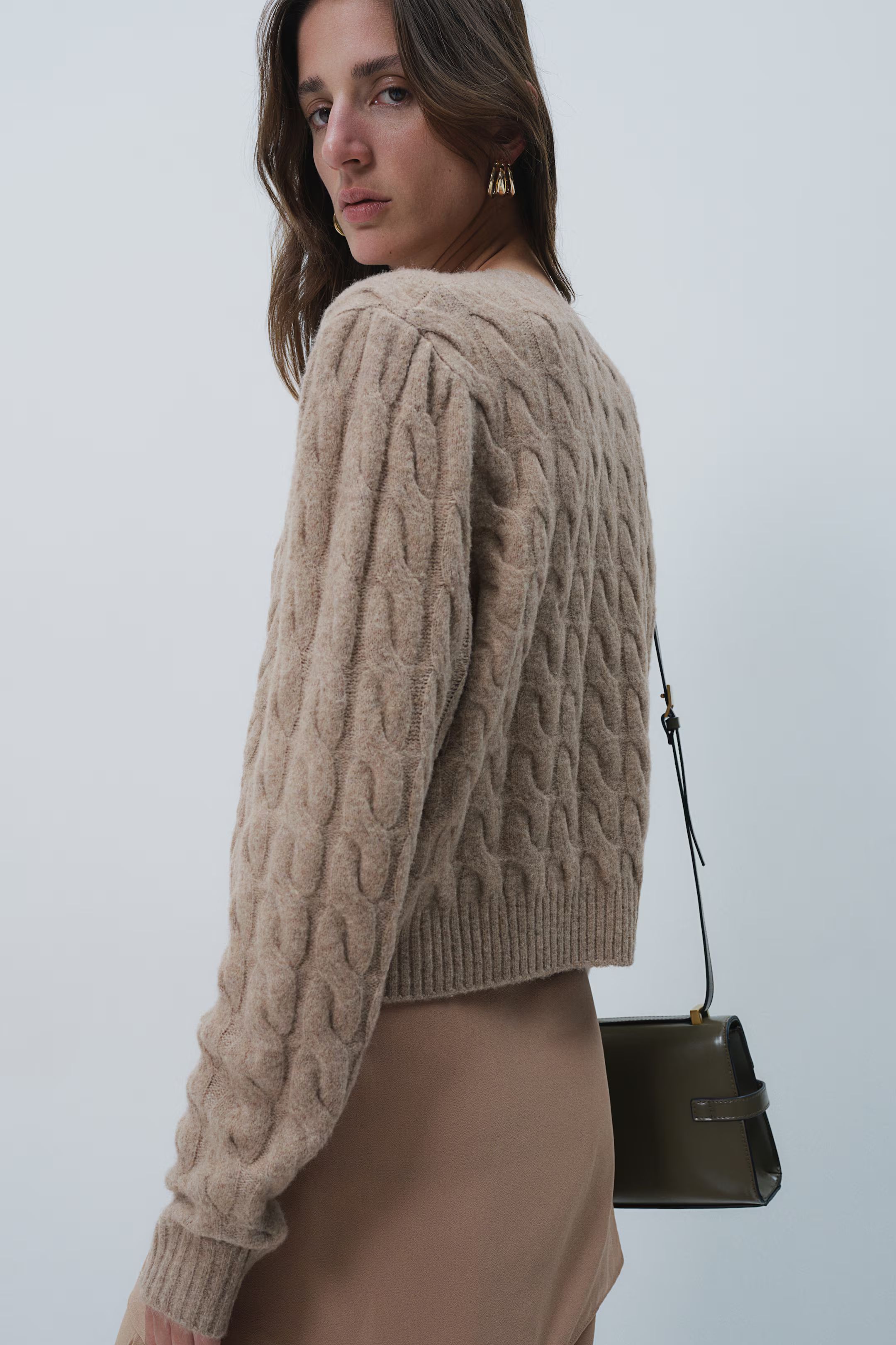 Cable-Knit Cardigan - V-neck - Long sleeve - Beige melange - Ladies | H&M US | H&M (US + CA)