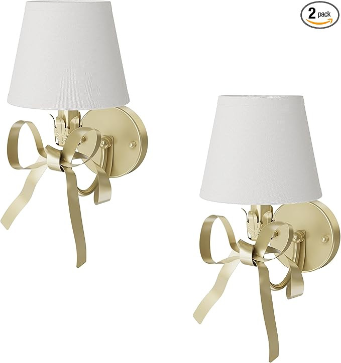 Gold Brass Sconces Wall Decor Set of 2, Bow Wall Scones Set of Two with Fabric Shades, Modern Bed... | Amazon (US)