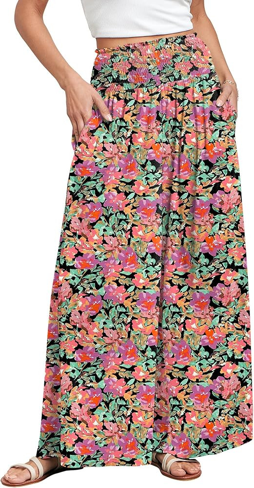 ANRABESS Women Palazzo Pants Summer Boho Bagyy Wide Leg High Smocked Waist Casual Loose Lounge Pa... | Amazon (US)