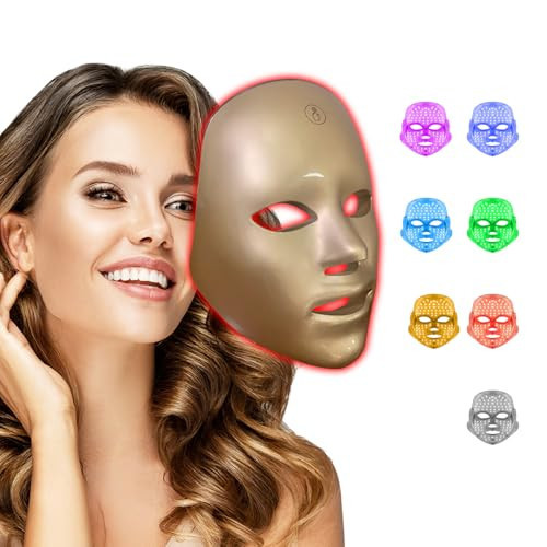 BeaRay LED Face Mask Light Therapy – 7-in-1 Colors Facial Skin Care Mask for At-Home Use, Portable, Cordless & USB Rechargeable (Gold) | Amazon (US)