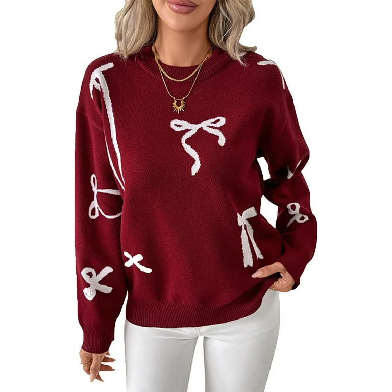 Ruimatai Women's Christmas Fair Isle Knit Sweater With Bow Embroidery Long Sleeve Casual Winter P... | Walmart (US)