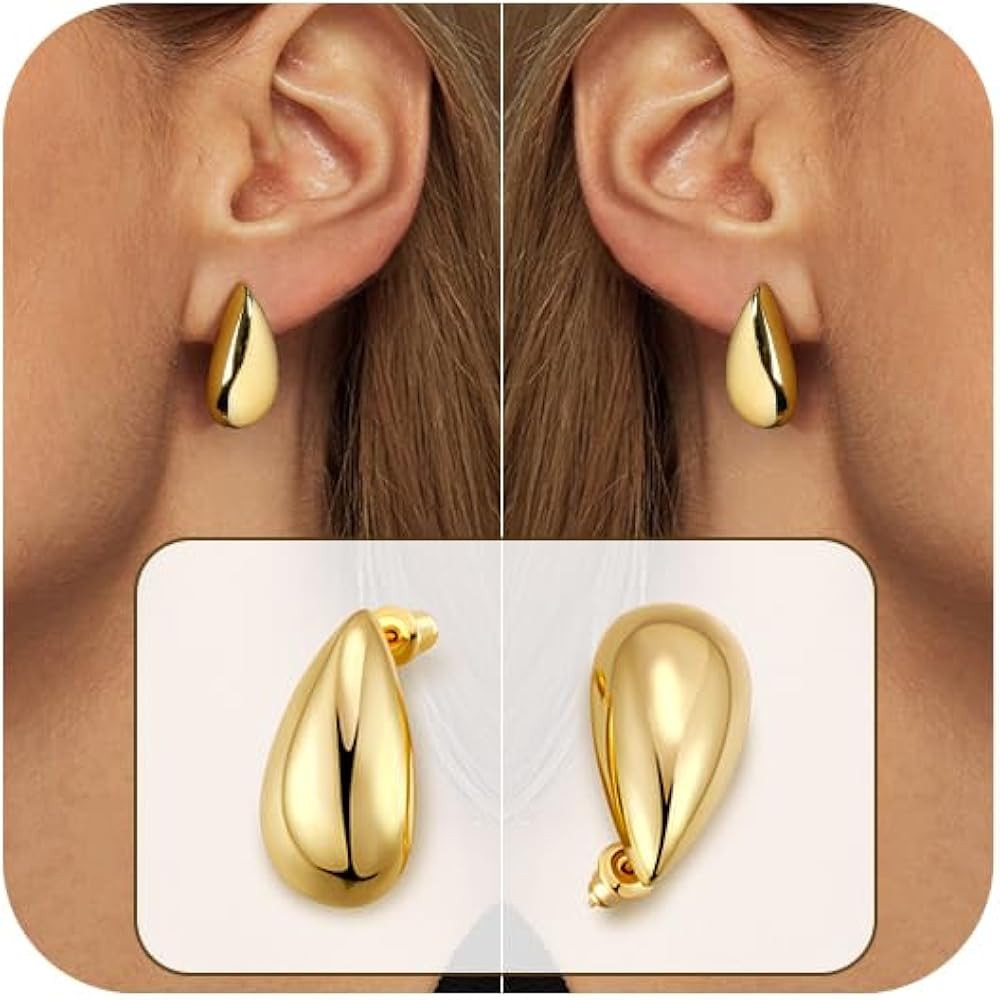 wowshow Chunky Gold Hoop Earrings for Women, Gold Teardrop Earrings Lightweight 14K Real Gold Pla... | Amazon (US)