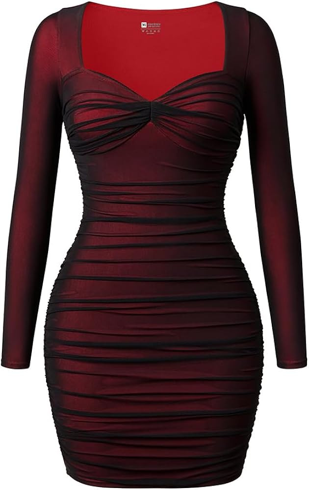 LAGSHIAN Women's Sexy Bodycon Mini Dress Square Neck Long Sleeve Mesh Ruched Party Short Dresses | Amazon (US)
