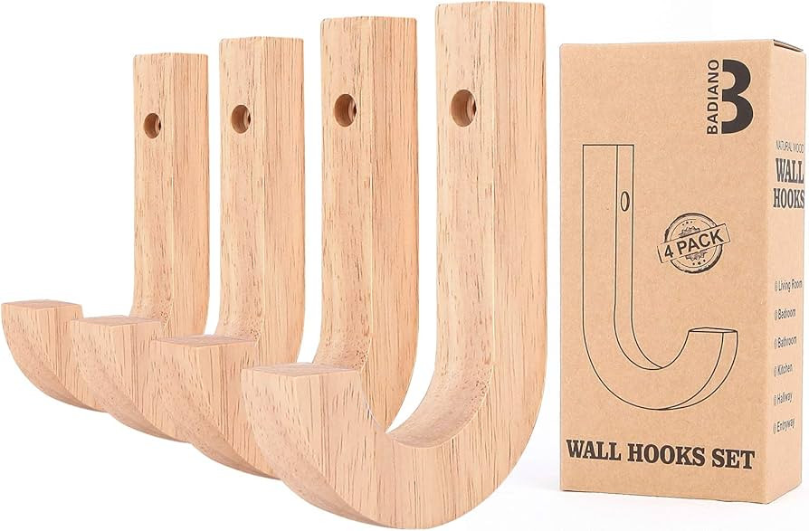 Pack of 4 Wooden J-Shape Coat Rack, Wall Mounted Key Hooks Set, Decorative Single J-Hooks for Han... | Amazon (US)
