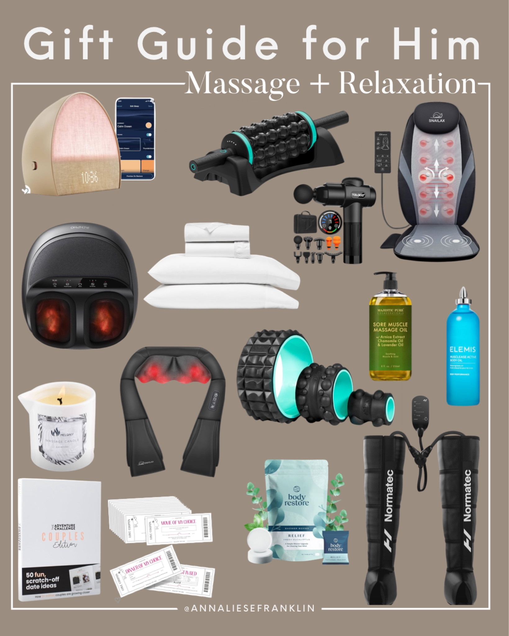 Gifts for him • foot massager • massage oil • back stretcher • neck massager • romantic gifts • date night gifts • alarm clock • breathable sheets • better nights sleep • aromatherapy • leg massager • 

#LTKGiftGuide #LTKsalealert #LTKmens