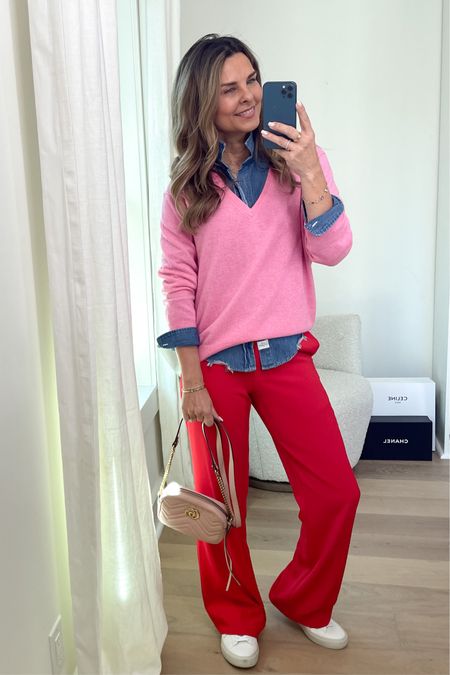 Pink neck cashmere sweater JCrew Out of stock ZSupply is linked
-denim button up is a spurge love mine and wear year after year. Sz XS
-red pants linked similar 
-Gucci camera bag different pink is linked 
-Veja sneakers TTS 


#LTKunder100 #LTKSeasonal #LTKstyletip