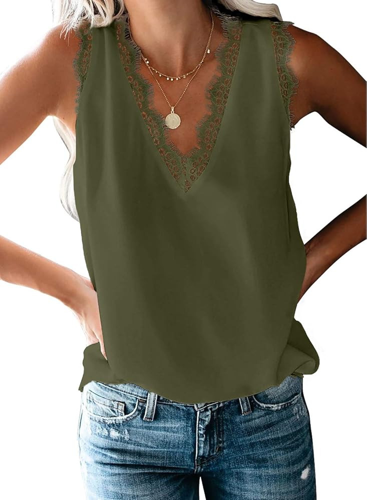 BLENCOT Women Lace Trim Tank Tops V Neck Fashion Casual Sleeveless Blouse Vest Shirts | Amazon (US)