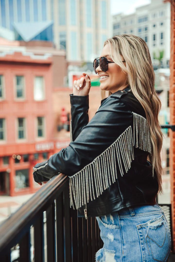 RIFE CRYSTAL FRINGE VEGAN LEATHER JACKET - BLACK | Love story boutique