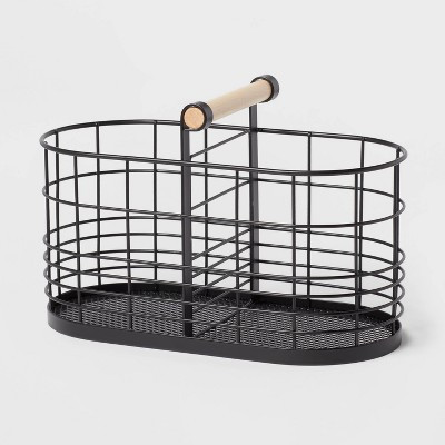 Divided Wire Basket with Wood Handle Black - Brightroom™: Storage & Organization, Powder-Coated Iron, Oval Decorative Basket | Target