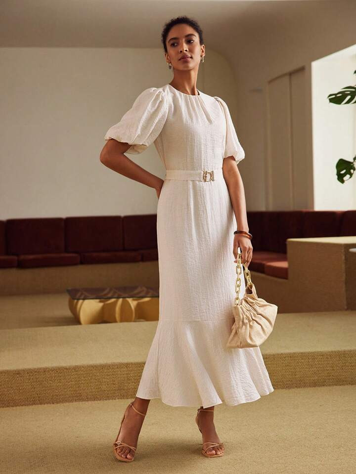 MOTF PREMIUM LINEN LINEN SOLID PUFF SLEEVE RUFFLE HEM BELTED DRESS | SHEIN