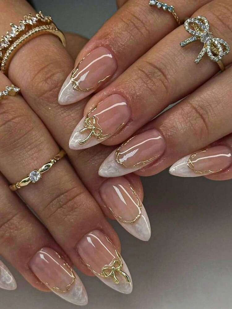 10Pcs Hand-Made Vine Gold Edged Silver/White Spiral Patterned Luxury Bow Spring Fresh Style Nail Stickers Press On Nails - Elegant Faux Pearl Texture French Manicure, Glossy Finish High-End Minimal Vacation Style, Cute Nails Suitable For Women And Girls For Daily Or Party Wear, Full Cover Press On Nails Long (Random Package Card), Comes With Manicure Tool Kit, Great Gift For Women And Girls Nail Supplies Nails | SHEIN