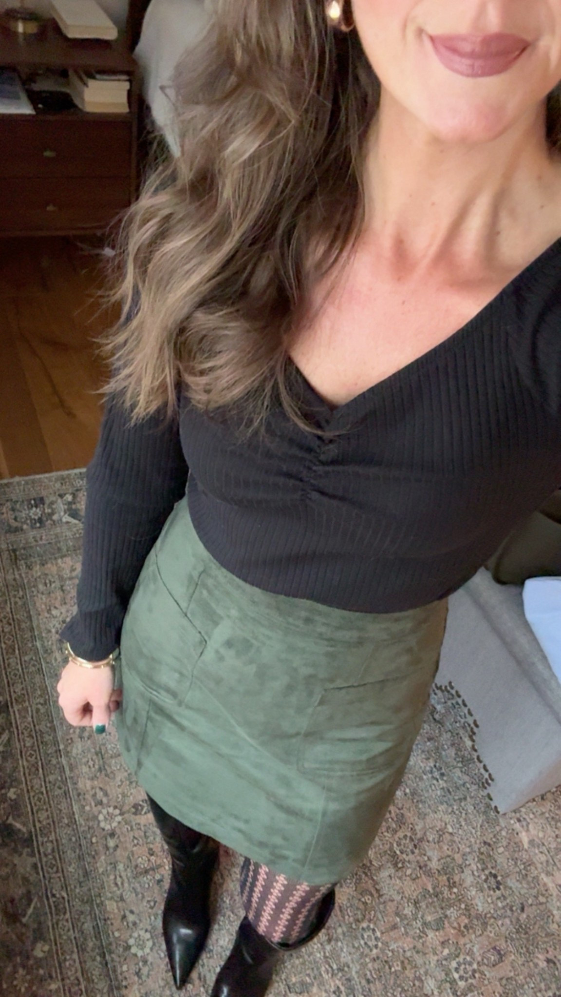 Church outfit today. Love a suede skirt this time of year! Mine is older but found a similar one in lots of colors. Loving these tall boots too.. I’m usually a 7.5 and did an 8. My normal size would have worked too.