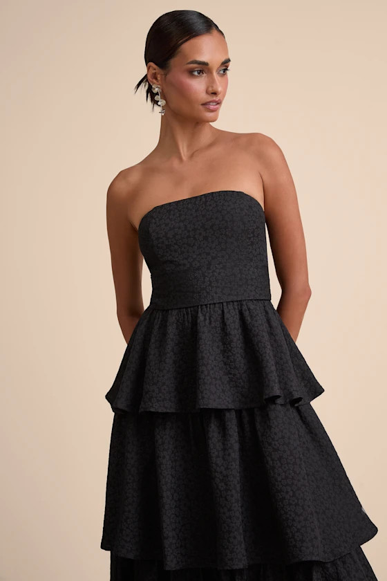 Truly Marvelous Black Jacquard Strapless Tiered Midi Dress | Lulus