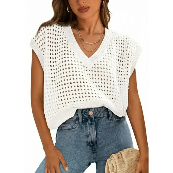 WQD Women’s Crochet Sweater Top V Neck Cap Sleeveless Spring Summer Knit Shirt Loose Hollow Out... | Walmart (US)