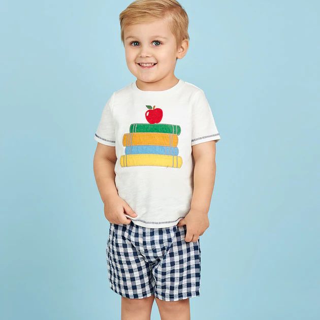 Apple and Books Blue Gingham Short Set | Classic Whimsy