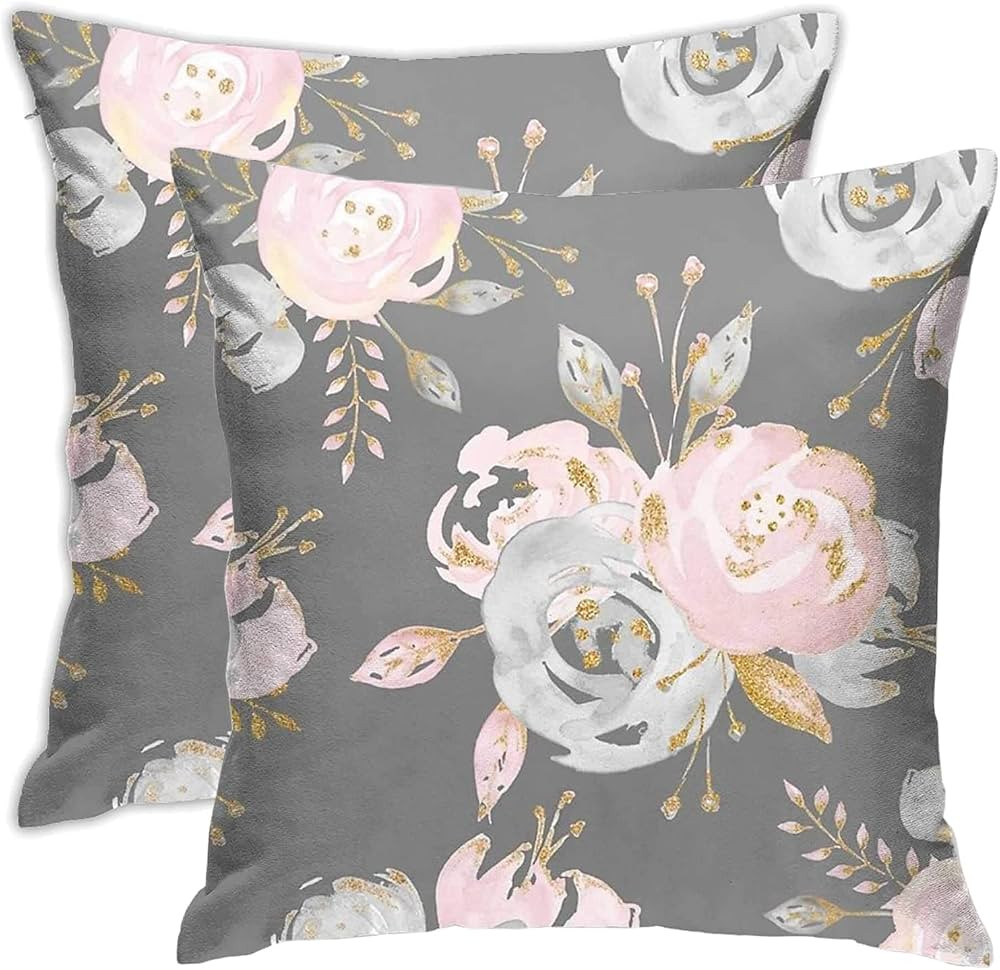 Asefcnxkjii Golden Blush Roses Floral On Gray Summer Watercolor Glitter Flowers Throw Pillow Cove... | Amazon (US)