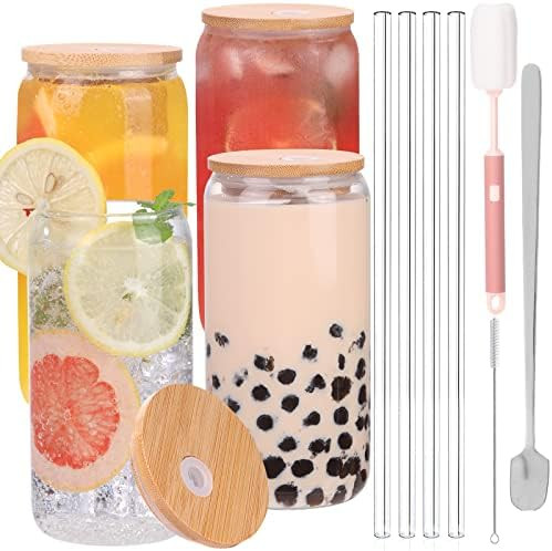 Boombamo Glass Cups With Bamboo Lids And Straws 4pcs Set,16oz Wide Mouth Drinking Glass Tumbler W... | Amazon (US)