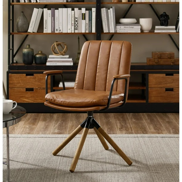 Art Leon Mid Century Accent Chair No Wheels, Faux Leather Swivel Desk Chair, Upholstered with Oak... | Walmart (US)