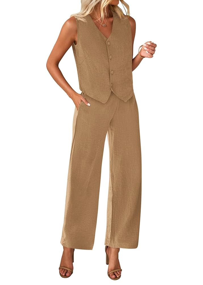KIRUNDO Womens Two Piece Outfits Summer Fashion Button V Neck Crop Vest Blazer and Wide Leg Pants... | Amazon (US)