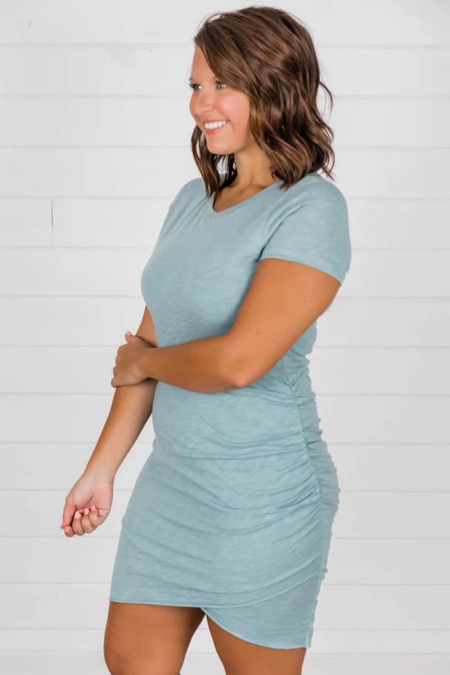 Give Me A Little Time Stone Blue T-Shirt Dress FINAL SALE | Pink Lily