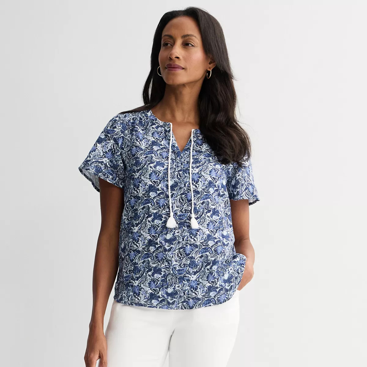 Women's Croft & Barrow® Splitneck Tassel Top, Size: XS, Sweet Water | Kohl's