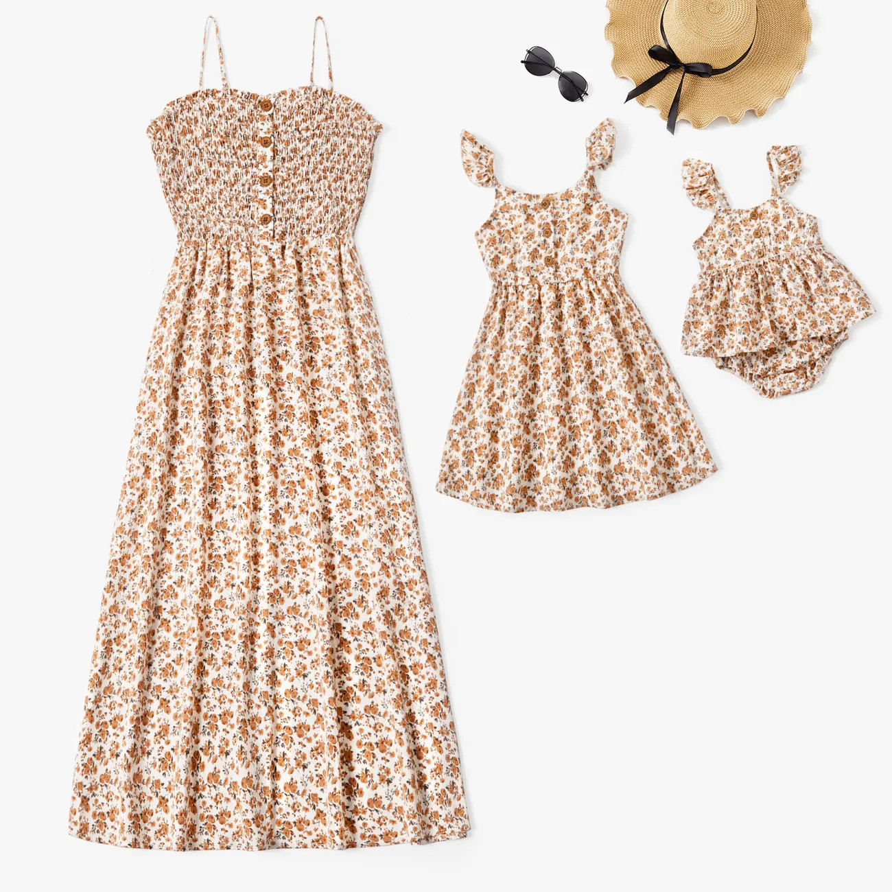 Mommy and Me Beige Ditsy Floral Patterned Shirred Top Button Front Strap Dress Only $9.34 PatPat ... | PatPat