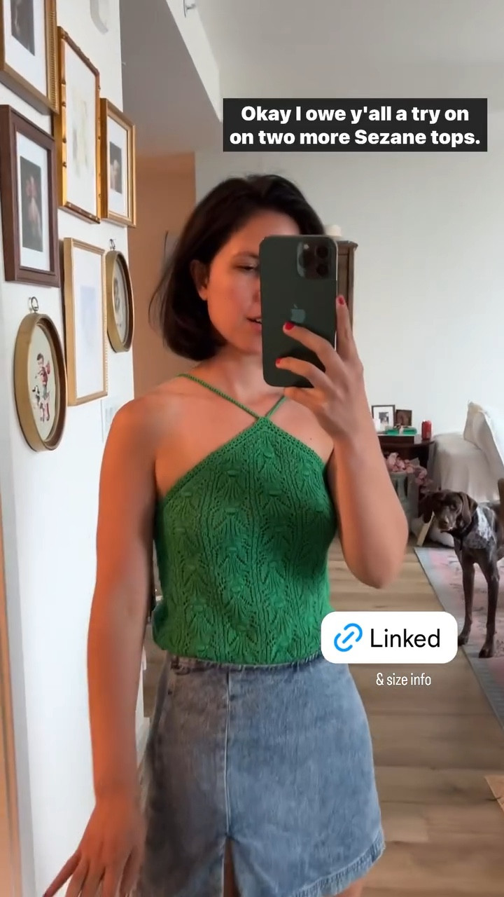 Top size xxs 
Skort xs

Sezane top try on, green halter, Sezane, date night outfit, jean skirt, denim skirt, skort, comfortable heel sandals 

#LTKVideo #LTKStyleTip