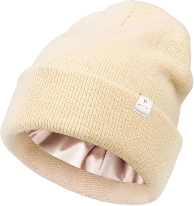 HONGTEYA Womens Satin Lined Knit Beanie Hat | Amazon (US)