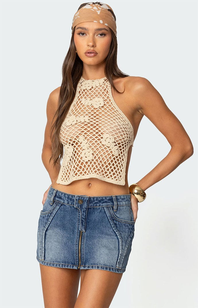 Edikted Women's Syd Backless Crochet Top in Beige - Size Large | PacSun