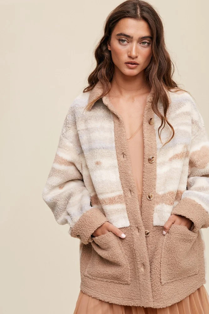 Beige Striped Fuzzy Knit Teddy Jacket | PinkBlush Maternity