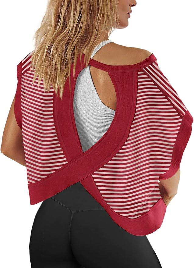 Panadila Womens Open Back Workout Top Oversized Workout T Shirts Backless Athletic Shirt Short Sl... | Amazon (US)