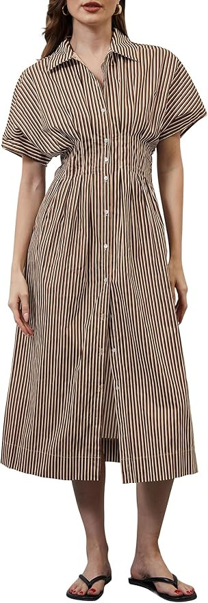 Women Button Front Pleated Shirt Maxi Dress Summer Striped Prints Short Sleeve Collar Casual Long... | Amazon (US)