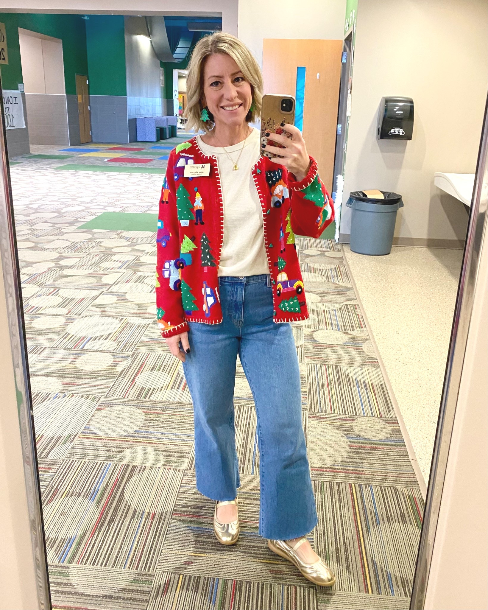 It’s ugly Christmas sweater day! Mine is a gift from a retired teacher friend and is legit vintage! But let’s talk about these fun shoes! Comfy, cute, and under $20! 
Fun Fact: I stood in my kitchen with my fabric shears and chopped a few inches off the hem of my jeans before work this morning! 😆