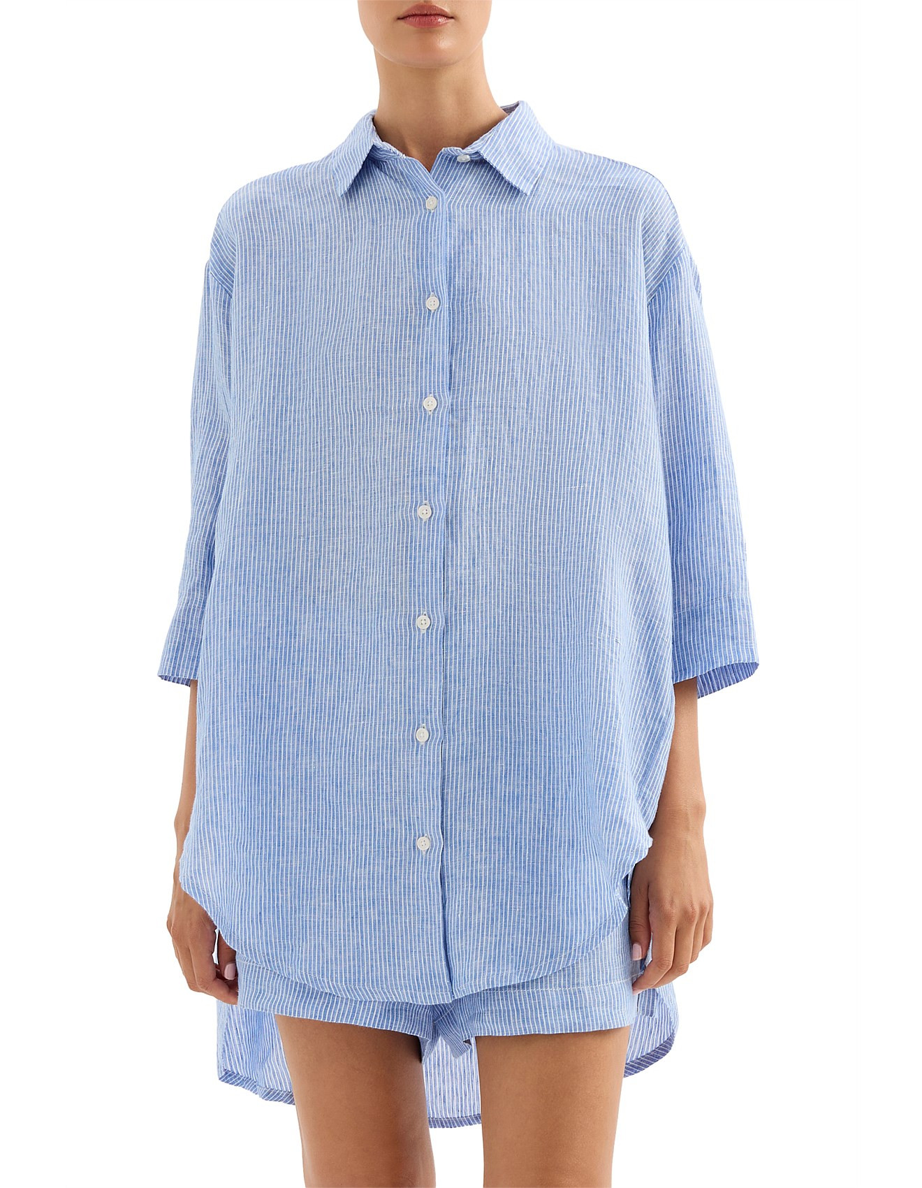 Lounge Stripe Linen Long Shirt | David Jones (Australia & New Zealand)